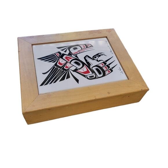 Clarence Wells "The Raven" Art Tile Box 1980s Cedar Wood Box Keepsake Box W/ Lid - Picture 4 of 9